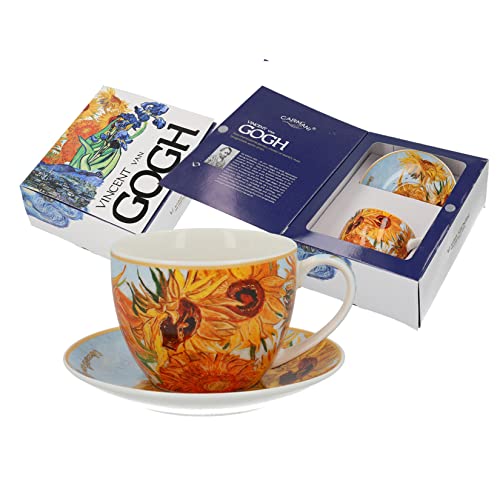 CARMANI - Porzellanbecher und Untertasse Set mit Van Gogh, Sonnenblumen 250 ml