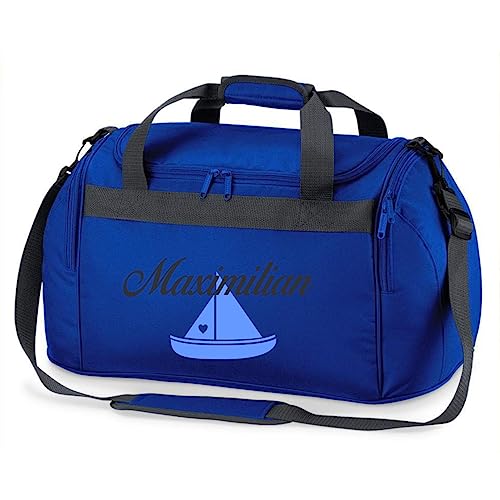 minimutz Sporttasche mit Namen | Motiv Segel-Boot Schiff | Personalisieren & Bedrucken | Reisetasche Schwimmtasche Mädchen Jungen Wasser-Sport (Royalblau)