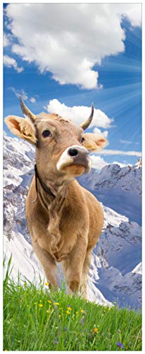 Wallario Glasbild Kuh im Sonnenschein in den Alpen - 32 x 80 cm Wandbilder Glas in Premium-Qualität: Brillante Farben, freischwebende Optik