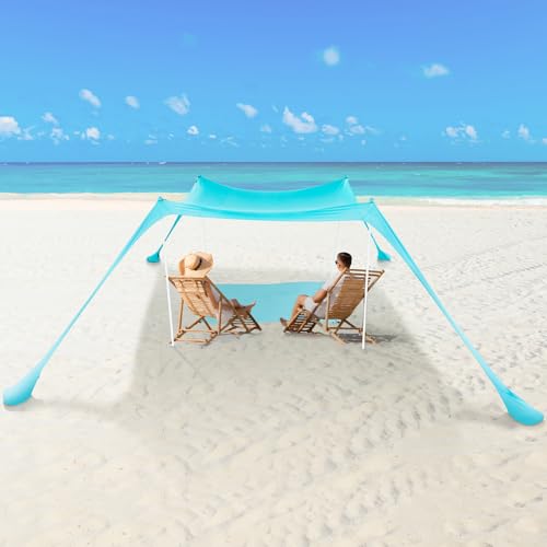 deli Strandzelt, Sonnenschutz, 3 x 3 m, mit LSF 50+ Schutz, Pop-Up-Strandüberdachung, Sonnenschutz mit 4 aufziehbaren Stangen und 2-in-1-Matte für Familie, Outdoor, Camping und