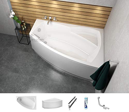 ECOLAM Badewanne Eckbadewanne Acryl Frida weiß 140x80 cm RECHTS + Schürze Ablaufgarnitur Ab- und Überlauf Automatik Füße Silikon Komplett-Set