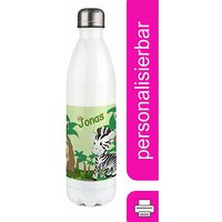 Edelstahl Kinder Thermoflasche / Trinkflasche bunt Safari-Zebra Spülmaschinenfest, Auslaufsicher, Bruchfest, Doppelwandig, Für Heißgetränke geeignet, Mit Deckel, Isoliert weiß