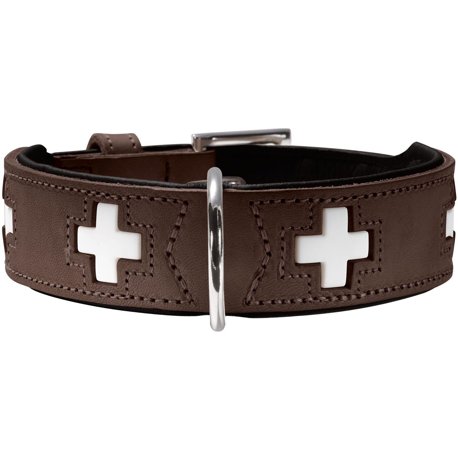 HUNTER SWISS Hundehalsband, Leder, hochwertig, schweizer Kreuz, 37 (XS-S), braun/schwarz