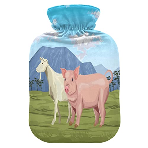 YOUJUNER Wärmflasche mit Schwein Ziege Bezug, Groß 2 Liter Heißwasserbeutel Heißwasserbeutel Bettflasche