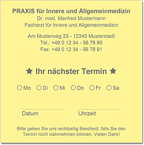 Terminzettel Terminkarten Termine mit Ihrer Adresse personalisiert 10 x 10 cm (hellgelb) (10000)