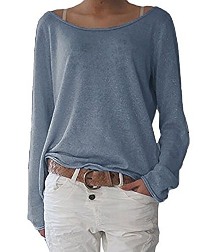 ZANZEA Damen Langarm Lose Bluse Hemd Shirt Oversize Sweatshirt Oberteil Tops Grau Blau EU 44/Etikettgröße L
