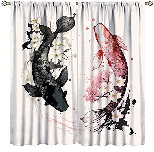 Yin Yang Koi-Fischvorhänge, japanische Koi-Sakura-Kirschblüten, Raumverdunkelung, Verdunkelung, Fensterbehandlung, Dekor für Wohnzimmer, 66 cm B x 213,4 cm L x 2 cm Verdunkelung