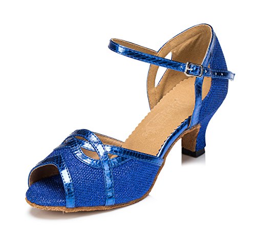 URVIP Neuheiten Frauen's Glitter Leder Heels Absatzschuhe Moderne Latein-Schuhe mit Knöchelriemen Tanzschuhe LD059 Blau 35 EU