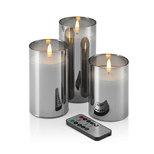 Auraglow 3er Set LED batteriebetriebene ferngesteuerte Rauchglas-Kerzen flammenlose Echtwachs Realistisch flackernde Flamme Effekt mit Timer, Licht und Helligkeit Funktionen