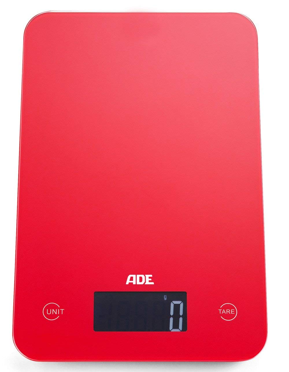 ADE Digitale Küchenwaage KE 927 Slim. Elektronische Waage im schlankem Design (nur 12 mm hoch). Präzise wiegen bis 5kg, Zuwiegefunktion Tara, Sensor-Touch. Auch für Flüssigkeiten. Inkl. Batterie. Rot