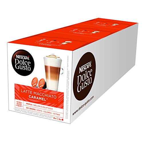 NESCAFÉ Dolce Gusto Latte Macchiato Caramel | 48 Kaffeekapseln | Arabica Robusta Mischung | Feines Karamell Aroma und leckerer Milchschaum | Aromaversiegelte Kapseln | 3er Pack (3 x 16 Kapseln)