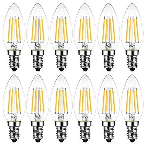 LVWIT E14 Kerze LED Lampe für Kronleuchter, 470 lm, 4W ersetzt 40 Watt, 2700K Warmweiß, Filament Fadenlampe, Glas, nicht dimmbar, 3 Jahre Garantie (12er Pack)