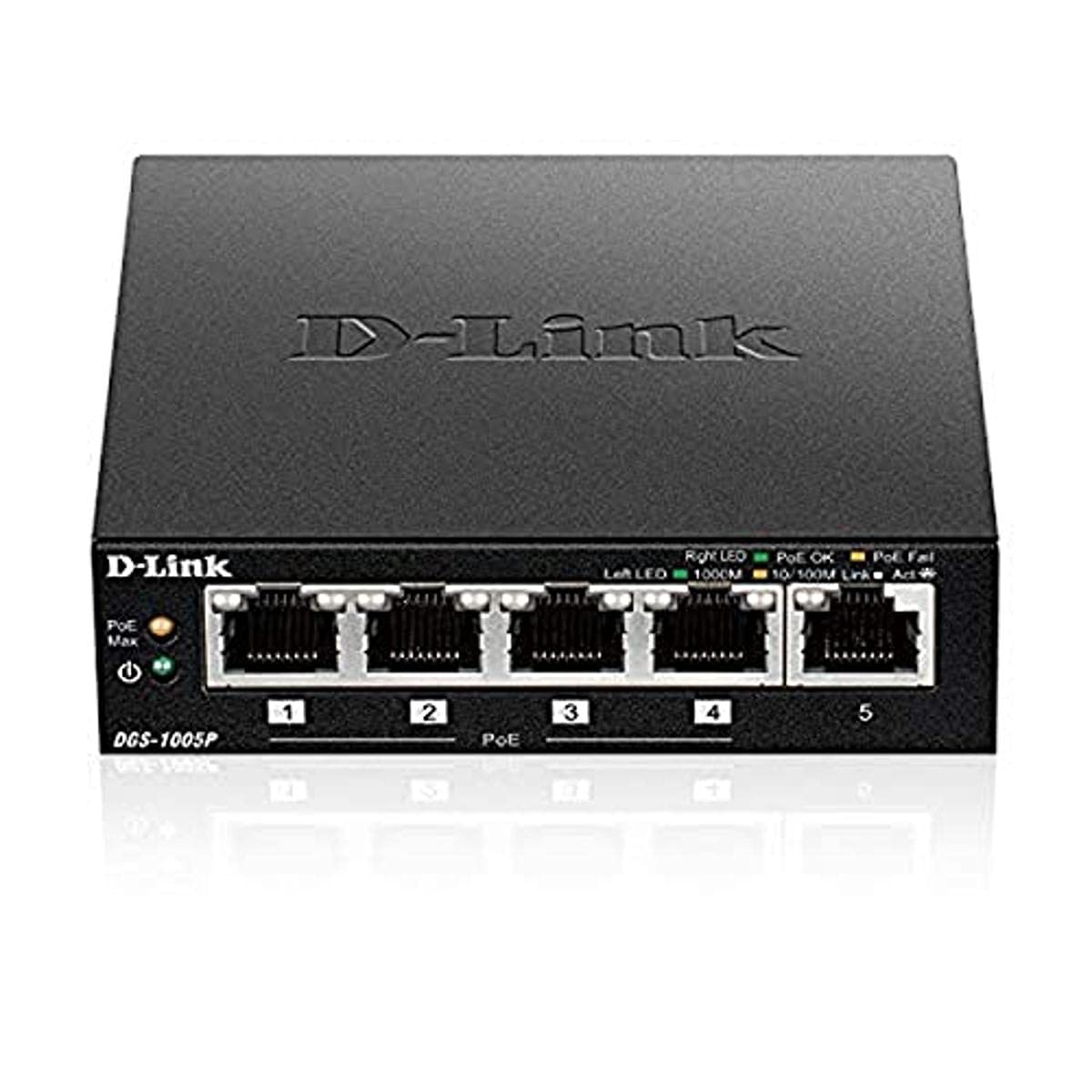 D-Link DGS-1005P, 5-Port Unmanaged PoE+ Gigabit Switch (4 x 10/100/1000 Mbit/s BaseT PoE Port, 1 x 10/100/1000 Mbit/s BaseT Port, 60W PoE Kapazität, Plug & Play, lüfterlos, Metallgehäuse)