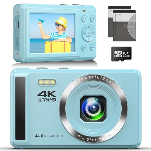 Digitalkamera 4K FHD Vlogging-Kamera, 44 MP Autofokus-Kompaktkamera mit 16-fachem Digitalzoom, wiederaufladbare 2,4-Zoll-Mini-Kinderkamera mit 32 GB Speicherkarte, 2 Batterien