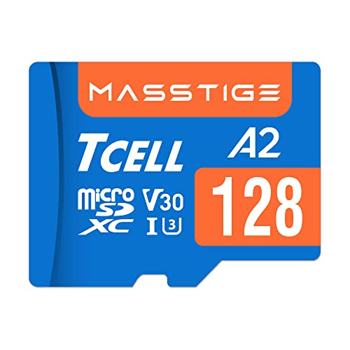 TCELL MASSTIGE 128 GB microSDXC A2 U3 V30 USH-I Lesen 170 MB/s Schreiben 110 MB/s Full HD & 4K UHD Video Speicherkarte für Kamera/Handy/Galaxy/Drohne/Dashcam/Gopro/Tablet/PC/mit Adapter
