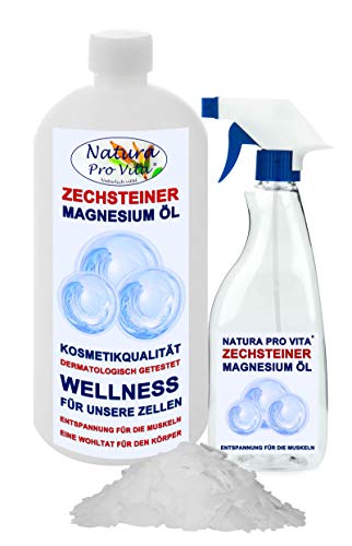 Zechsteiner Magnesiumöl dermatologisch getestet, gut bei Magnesiummangel, Müdigkeit, Verspannung, natürlich und rein, Muskelentspannung, Wellness NaturaProVita Magnesiumöl 1L Flasche + Sprühflasche