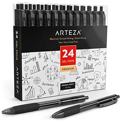 ARTEZA Gelstifte, 24 schwarze Kugelschreiber mit Geltinte, Druckgelschreiber mit 0,7 mm Stiftspitze, hochwertige Gelroller für Bürobedarf