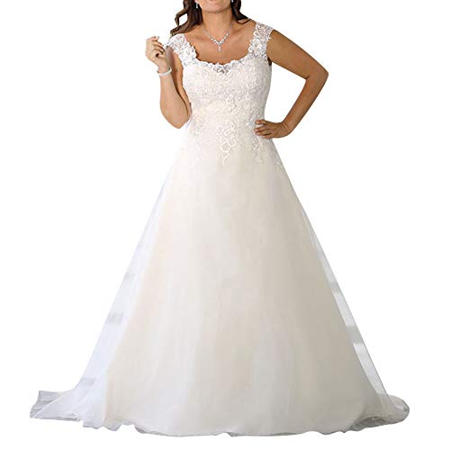Damen Brautkleid Lang Hochzeitskleider Tüll Spitze Elegant Festkleider A-Linie Weiß EUR44