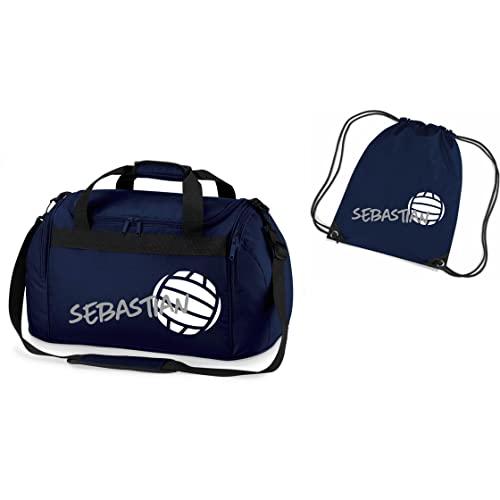 Sporttasche mit Namen Bedruckt für Kinder | Personalisierbar mit Motiv Volleyball | Reisetasche Duffle Bag für Mädchen und Jungen in Navy (Dunkelblau INKL. passender Turnbeutel)