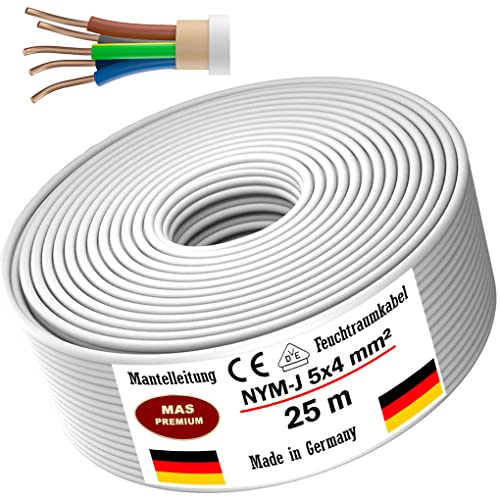 Feuchtraumkabel Stromkabel 5m, 10m, 20m, 25m oder 50m Mantelleitung NYM-J 5x4 mm² Elektrokabel Ring für feste Verlegung (25 m)