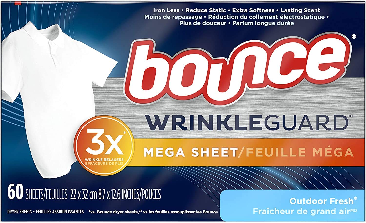 Bounce Wrinkleguard Mega Sheet 3 x Wrinkle Relaxers – Outdoor Fresh – Box mit 60 Trocknertüchern
