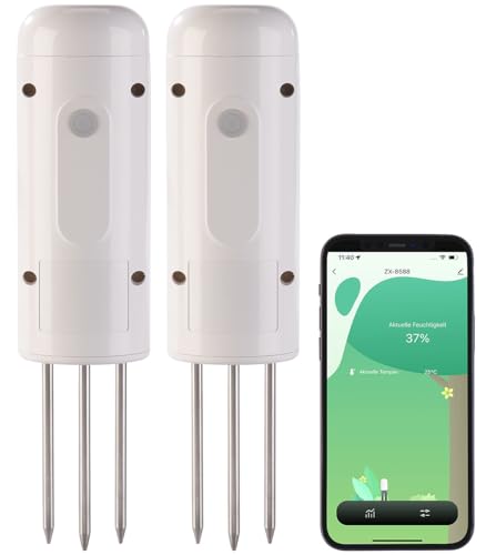 Luminea Home Control Feuchtigkeitssensor Erde: 2er-Set smarte ZigBee-Boden-Feuchtigkeits- & Temperatursensoren (Garten-Bodenfeuchtigkeitstester, Bodenfeuchtesensor ZigBee)