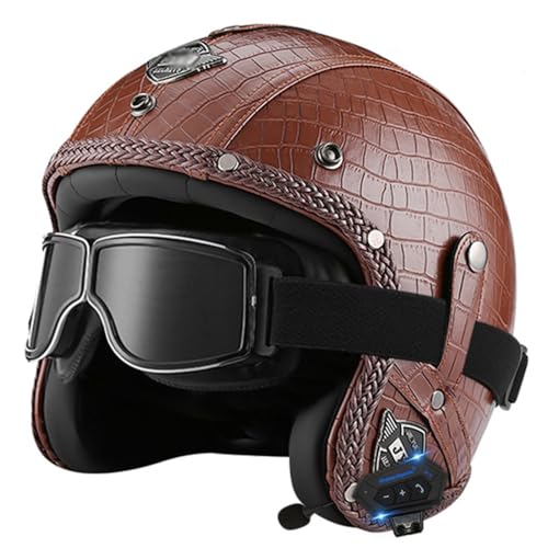 Vintage Leder Motorrad Halbhelme Roller Helm Mit Schutzbrille Jethelm Chopper Helm Scooter-Helm DOT/ECE-Zugelassener Offenem Helm Halbschalenhelm Schutzhelm Für Herren Damen 8,S:55-56CM