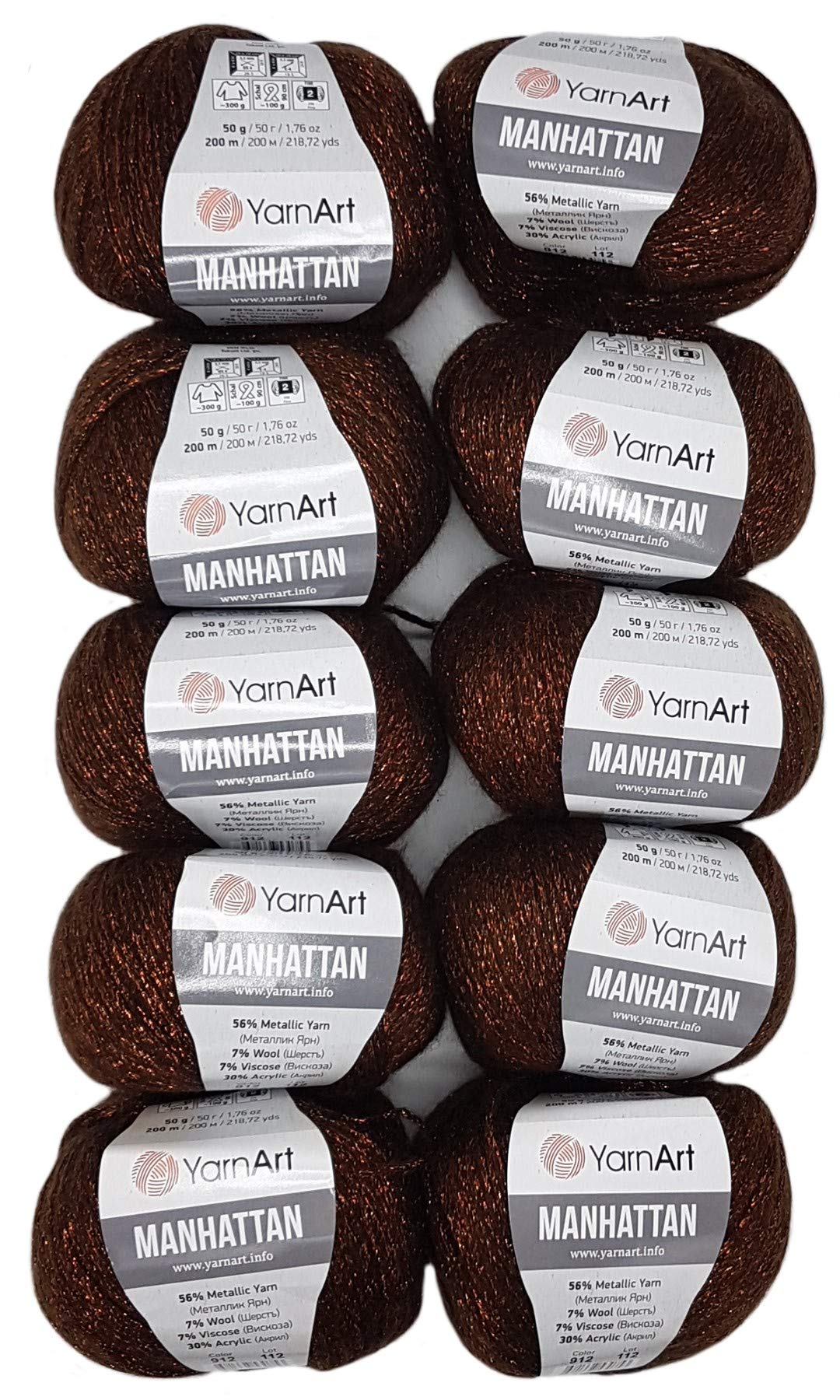 10 x 50g YarnArt Manhattan Viscose - Garn mit Glitzer, 500 Gramm Metallic-Wolle, Effektwolle (kupfer 912)