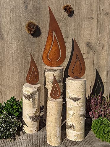 4er Set Kerzen aus Birkenholz und Metall-Flamme in Edelrost, je 1 x 64 cm, 50 cm, 42 cm, 32 cm hoch Rost Weihnachten Advent Kerze Deko