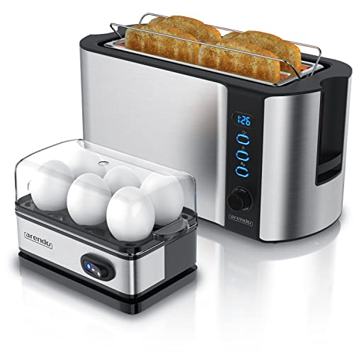 Arendo - SET Toaster FRUKOST mit Eierkocher SIXCOOK Edelstahl Silber, Toaster 4 Scheiben, LED-Display, 6 Bräunungsgrade, Brötchenhalter, Eierkocher 1-6 Eier, Messbecher