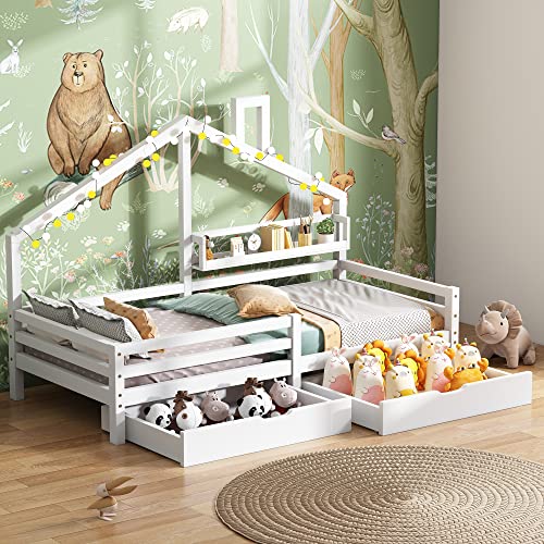 Hausbett Kinderbett mit Ablageregal und Zwei großen Schubladen mit Stauraum und Kaminform 90x200 Weiß
