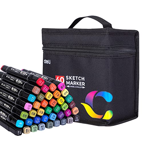 DELI 40 Farben Skizzenmarkersatz, doppelte Schreibspitze, schnell trocknende alkoholbasierte Graffiti Stifte mit Tragetasche