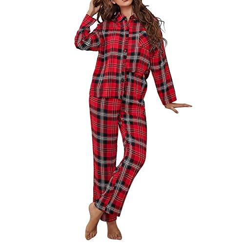 Rojeam Schlafanzug Damen Lang mit Knopfleiste Pyjamas Set Langarm Zweiteiliger Nachtwäsche Hausanzug