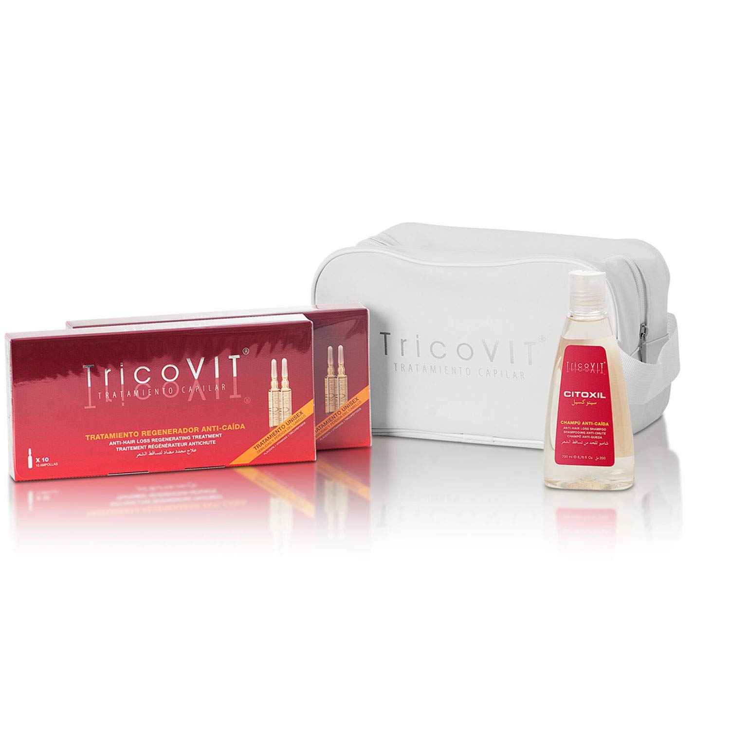 TricoVIT Haarausfall-Behandlung, 20 Ampullen gegen Haarausfall + Anti-Haarausfall-Shampoo (200 ml) + Kosmetiktasche, reduziert Haarausfall, erhöht die Dichte Ihrer Haare, für Männer und Frauen