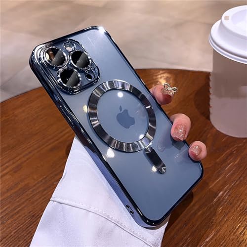 TISGET Plattierende weiche TPU-Vollobjektivschutzhülle für iPhone 15 14 13 12 11 Pro Max Plus magnetische kabellose Lade-Klarabdeckung, blau, für iPhone 15 Pro