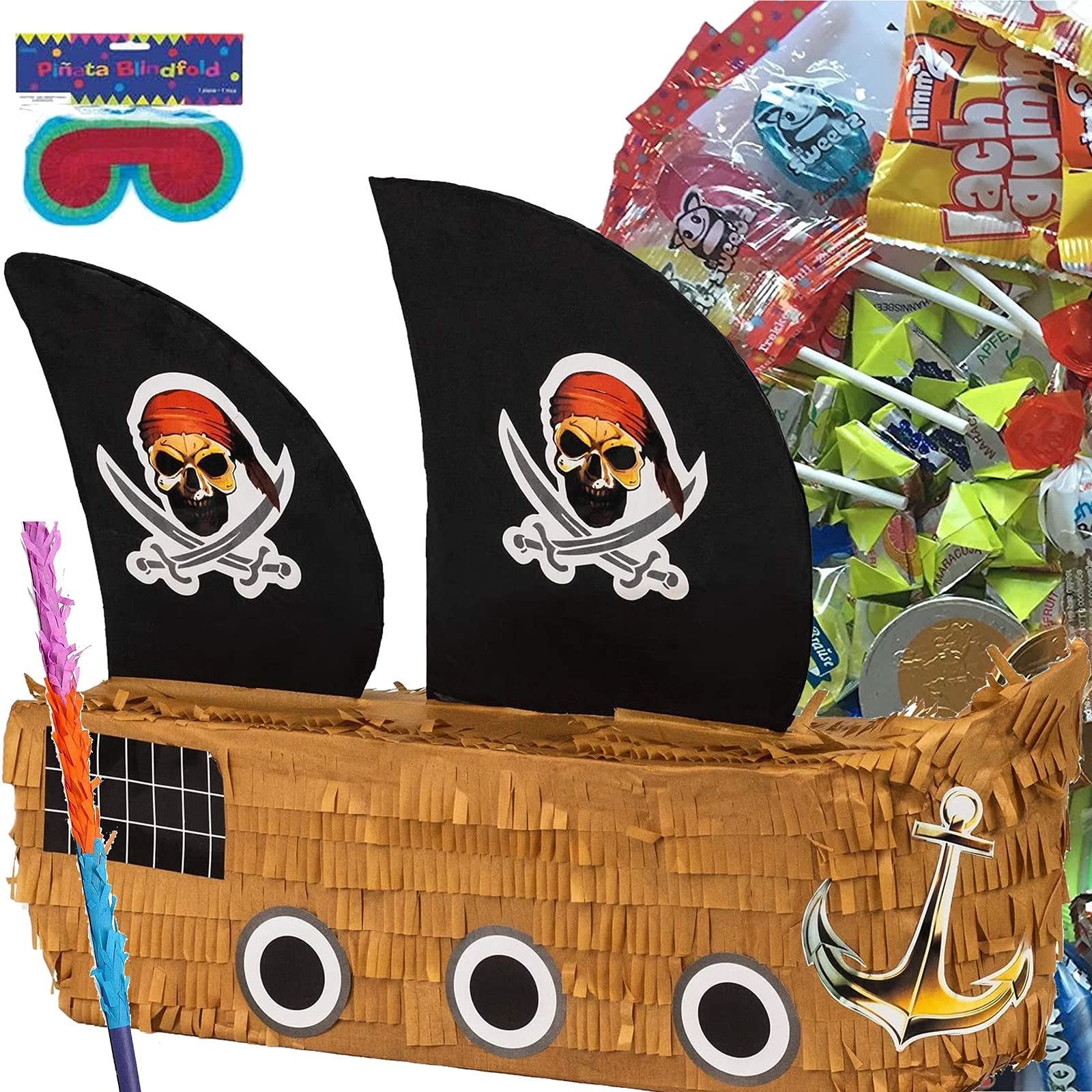 Pinata Set: * PIRATENSCHIFF * + Maske + Schläger + 100-teiliger Süßigkeiten-Füllung No.1 von Carpeta© | Handgefertigte Piraten Pinata | Tolles Spiel für Kindergeburtstag und Motto-Party