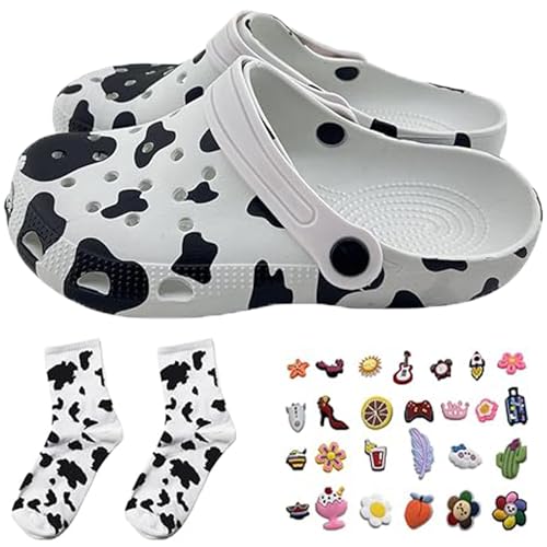 Kuh Clogs Hausschuhe mit Socken 10 zufällige Schuhschnallen für Damen Bequeme Slip On Wasser Strand Sandalen Indoor Outdoor Schuh, Weiss/opulenter Garten, 35/36 EU