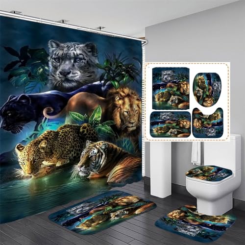 OaKita Tiger Duschvorhang,4pcs Duschvorhänge mit Tiger-Motiv Badezimmer-Sets Wasserdichter Stoff Badezimmer mit 12 Haken Teppiche Badematten WC-Teppich (A08,120 x 180 cm)