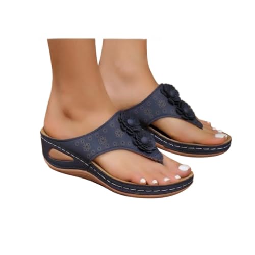 Womens Wedge Flip Flops Open Toe Slides Sandalen Bohe Bequeme plantare Faszi Sandalen orthopedic mit Bogen Unterstützung Casual Walking Schuhe Sommer (Blue, 39)