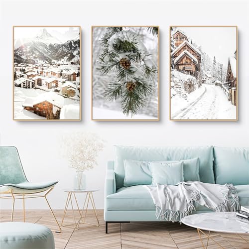 CULASIGN 3er Premium Poster Set, Moderne Natur Winter Weihnachten Wunderschöner Zeder Häuser Bilder,Leinwandbilder Wanddecor für Wohnzimmer Schlafzimmer Ohne Rahmen (50x70cm)