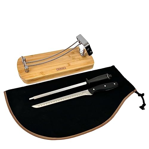 Nerthus Faltbarer Stahl und Bambus + schwarzer Schinkenabdeckung + manueller Schärfer + Schinkenmesser-Set, Holz