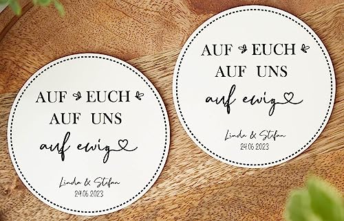 Bierdeckel Hochzeit personalisiert AUF Uns in schwarz & weiß Zubehör Hochzeit Polterabend JGA Junggesellenabschied Glas-Untersetzer mit Namen & Hochzeitsdatum 50 Stück