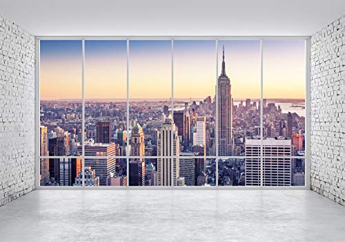 wandmotiv24 Fototapete New York NYC XL 350 x 245 cm - 7 Teile Fototapeten, Wandbild, Motivtapeten, Vlies-Tapeten Ausblick, Fenster, Skyline M1133