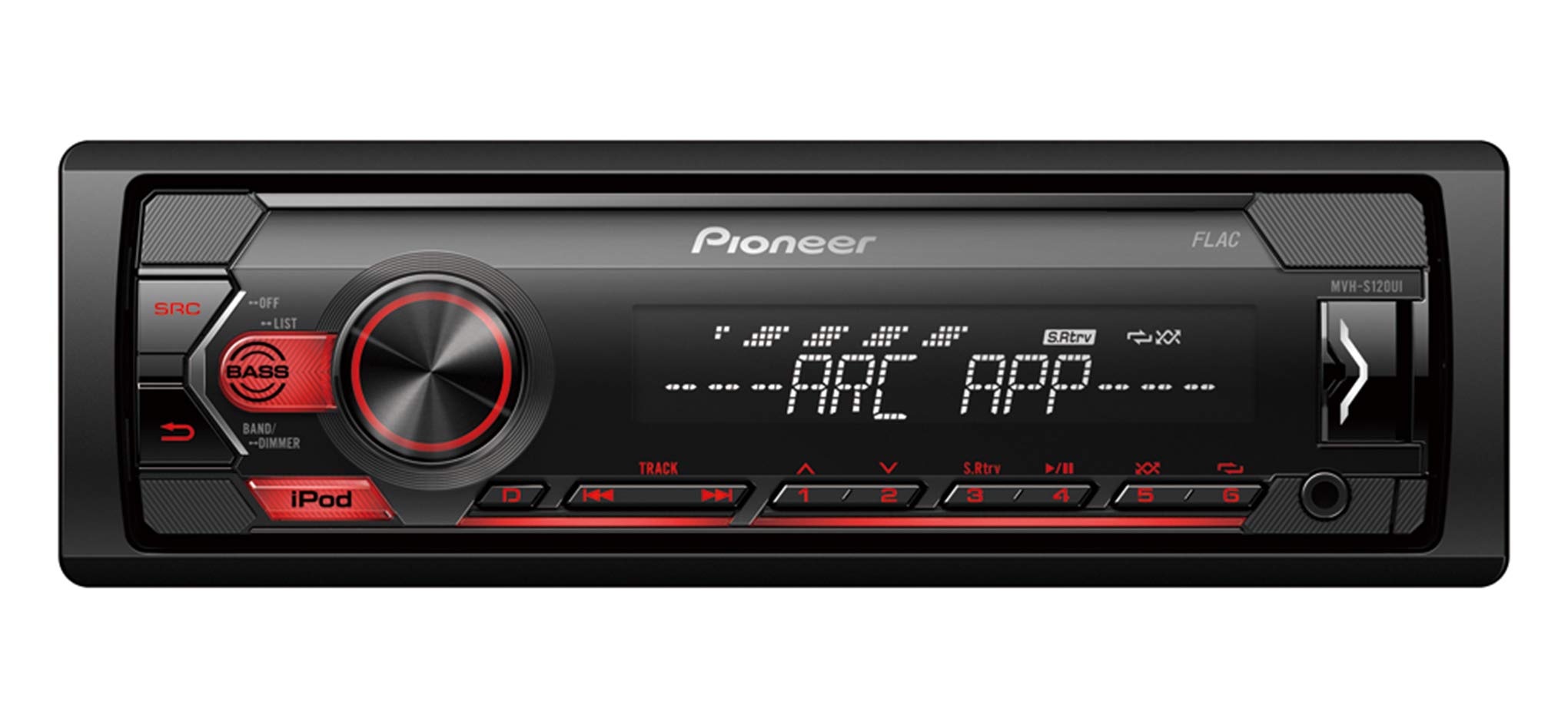 Pioneer MVH-S120UI 1-DIN Autoradio mit RDS, rot, halbe Einbautiefe, USB für MP3, WMA, WAV, FLAC, AUX-Eingang, Android-Unterstützung, iPhone-Steuerung, ARC App kompatibel