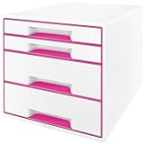 Leitz CUBE Schubladenbox mit 4 Schubladen, Weiß/Pink, A4, Inkl. transparentem Schubladeneinsatz, WOW, 52132023