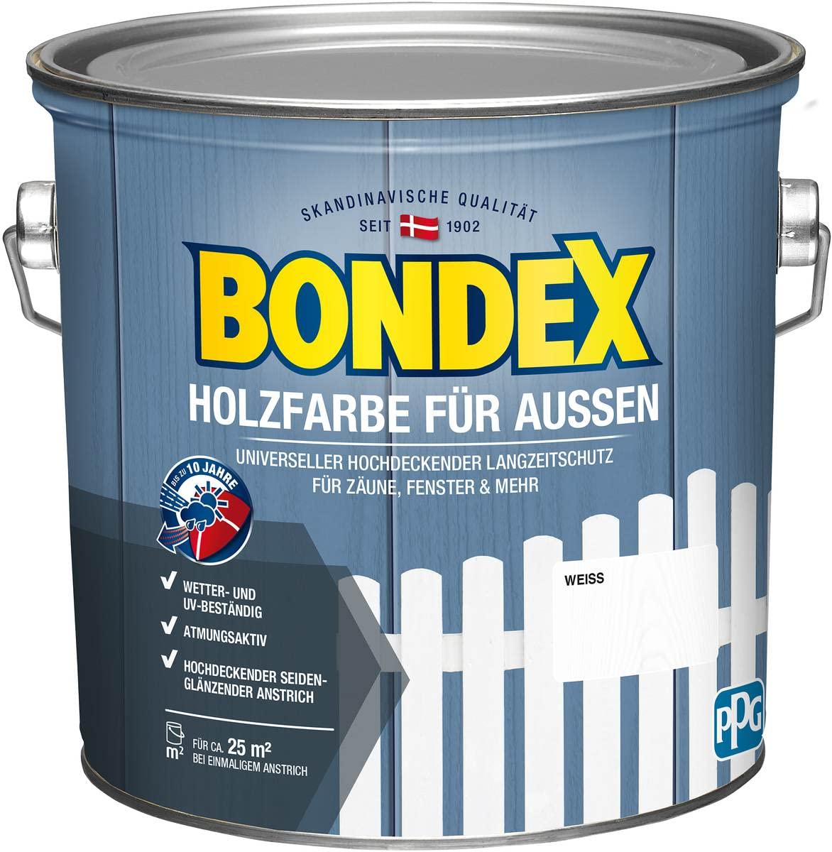 Bondex Holzfarbe für Außen, 2,5 L, Weiß, für ca. 25 m², Wetter- & UV-beständig, atmungsaktiv, seidenglänzend