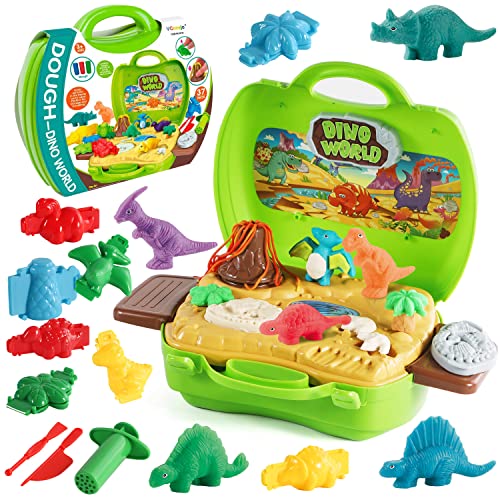 2-in-1-Dinosaurier-Spielteig-Spielzeug, 37 Teile, Dino-Teig Werkzeuge und Formen Zubehör mit Vulkan und Fossilien für Jungen und Mädchen