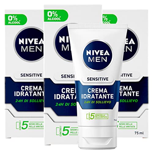 Nivea Men Sensitive Feuchtigkeitscreme für Männer, feuchtigkeitsspendend, verhindert Reizungen ohne Duft, 3 Flaschen 75 ml