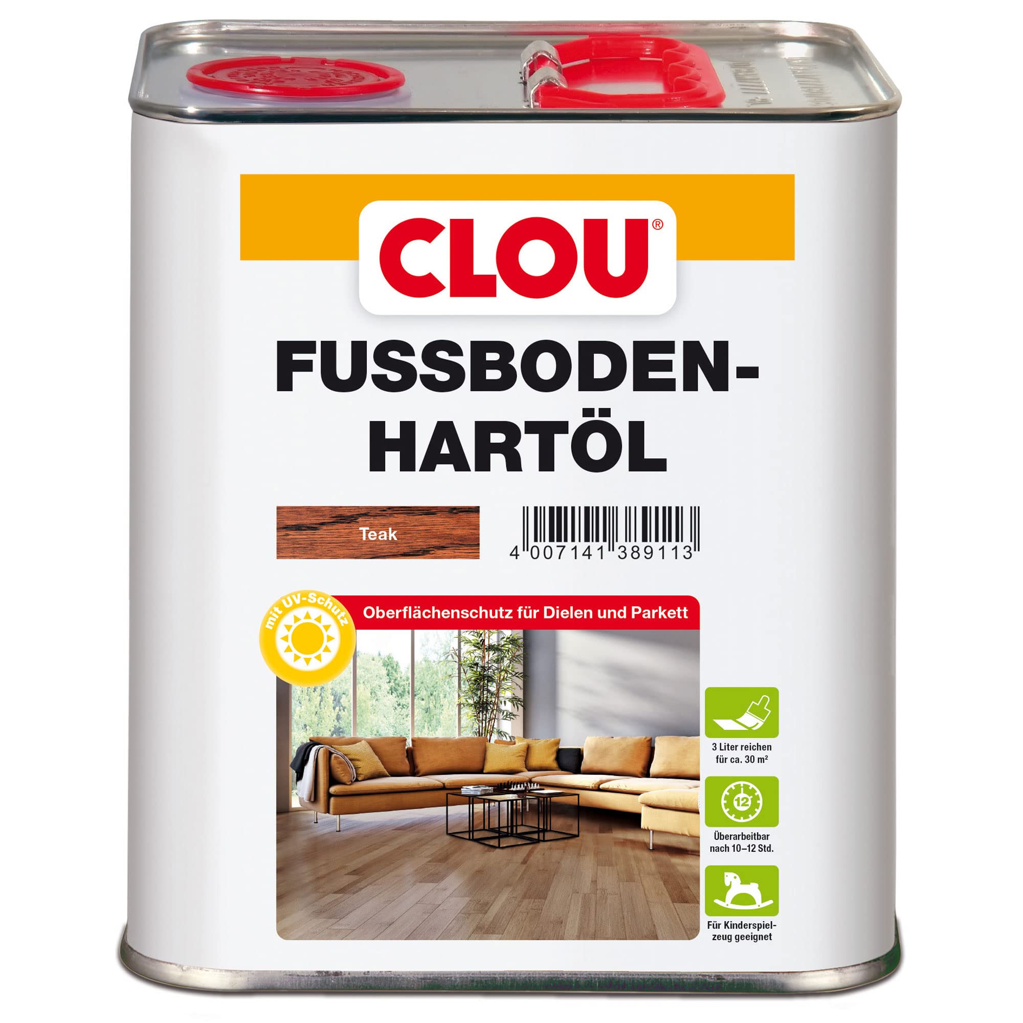 CLOU Fußboden-Hartöl, Parkettöl zur Pflege und Holzpolitur von Holz-Oberflächen wie Parkett, Dielen, Treppen und Möbel, teak, 3 Liter