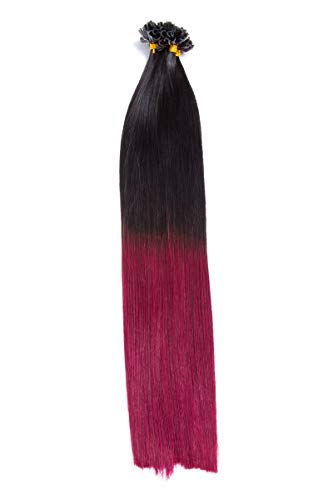 Ombré Keratin Bonding Extensions aus 100% Remy Echthaar/Human Hair 300 x 0,5g 50cm Glatte Strähnen - U-Tip als Haarverlängerung und Haarverdichtung - Farbe: Naturschwarz/Burg